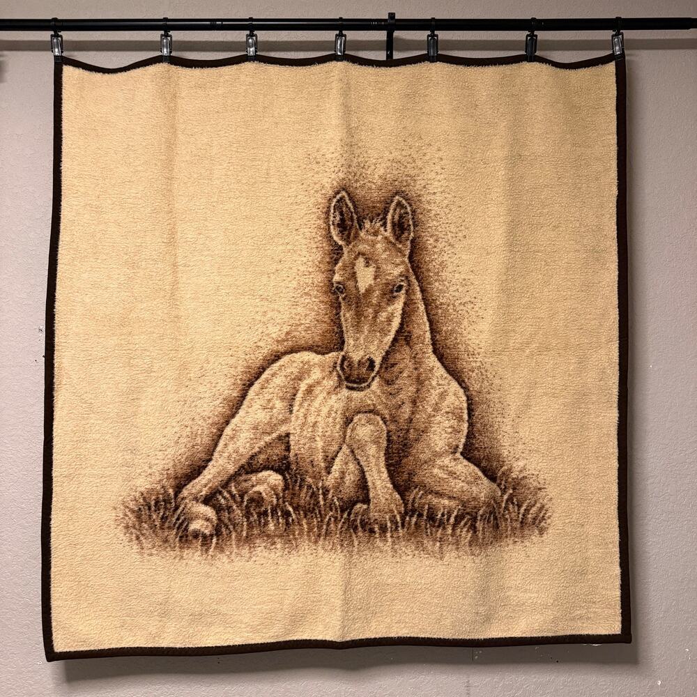Vtg 80s Biederlack baby horse throw blanket - foal colt laying down brown 52x52